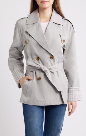 BCBGeneration Water Resistant Gingham Cuff Double Breasted Trench Coat in Stone at Nordstrom, Size X-Small