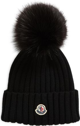 Moncler Virgin Wool Rib Beanie with Faux Fur Pompom in Black at Nordstrom