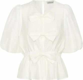 Karen by Simonsen Witte Blouse met Pofmouwen en Strikken - Dames - Blouses - Wit - XL - Nylon - Overhemden