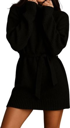 Crescent Turtleneck Sweater Dress With Waist Tie In Black