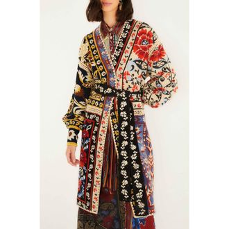Farm Rio Flower Print Patchwork Belted Cardigan in Multi at Nordstrom, Size Small