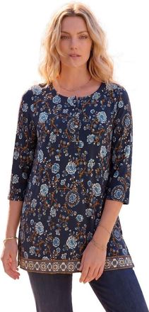 Roaman's Henley Ultra Drape Tunic in Navy Vine Floral Border at Nordstrom, Size 20