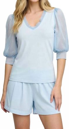 Maven West Three Quarter Sleeve Mixed Media Top In Sky Blue