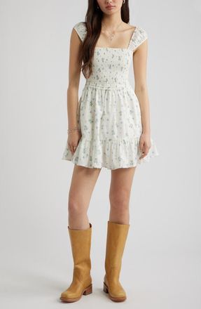 BP. Cap Sleeve Cotton Minidress in Ivory- Blue Field Flowers at Nordstrom, Size Xx-Small