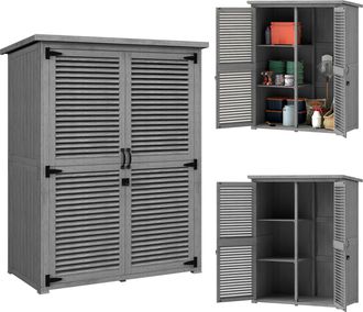 OUTSUNNY Cobertizo De Madera 0,83 M&sup2; 127x65x168 Cm Armario De Exterior De Madera Con 2 Puertas De Persiana 2 Estantes 2 Asas Y Techo Impermeable Gris