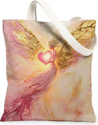 Generic Oil Painting Valentines Day Fairy Canvas Tote Bag for Shopping 13x15, Fun Romantic Love Heart Reusable Grocery Print Pattern Bag for Women, Holiday Be