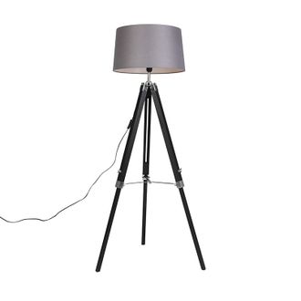 QAZQA Lampada Da Terra Regolabile Tripod - Industriale - Legno,tessuto,acciaio - Nero/grigio - Oblungo Max. 1 X Watt - Qazqa