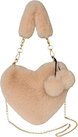 Generic Heart-shaped faux plush bag stylish and cute shoulder chain bag(khaki,25 * 20 * 18cm)