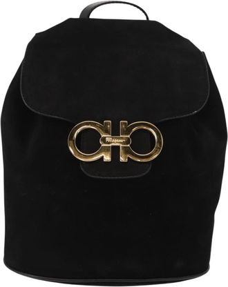 Ferragamo Gancini Backpack Suede Black Suede Backpack Bag (Pre-Owned)