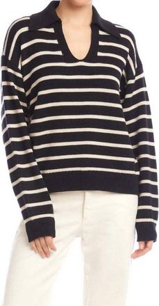 Karen Kane Stripe Polo Sweater In Black With Ecru
