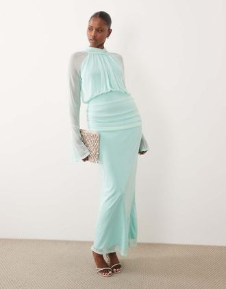Daska Vestito lungo accollato a maniche lunghe drappeggiato in rete color acqua-Blu