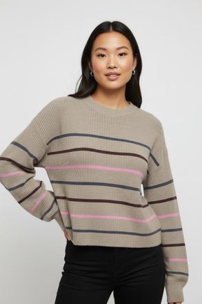 Only Strickpullover ONLY ONLIBI LS STRIPE O-NECK CC KNT, Damen, Gr. L, fossil stripes:mel, ombre, decadent, carmine mel, thin, Strick, Obermaterial: 50% Vi