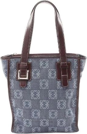 Loewe Pre-owned Repeat Anagram Canvas Leather Tote Bag - Dames - Vintage Schoudertas - Blauw - ONE Size - Leer - Vintage