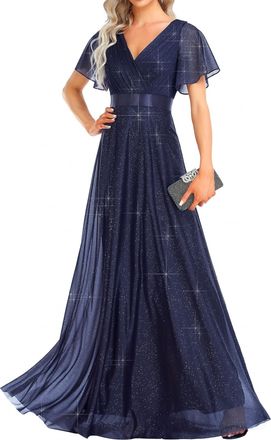 Ever-pretty Womens Sparkling Ruffles Sleeve Deep V-Neck Empire Waist A-Line Bridesmaid Dress Navy Blue 6UK
