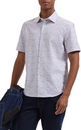 Bugatchi Miles OoohCotton Stripe Leaf Print Short Sleeve Button-Up Shirt in Sand at Nordstrom, Size Xxx-Large