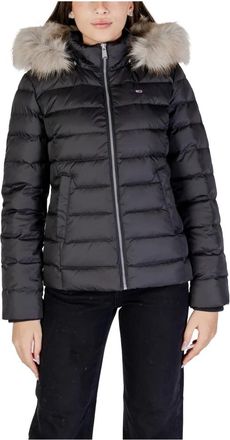 Tommy Jeans Winter Jackets, female, Black, Size: XL Black Hooded Zip-Up Jacket