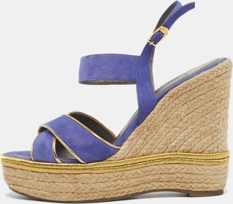 Versace Blue Suede Espadrille Strappy Wedge Sandals