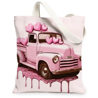 Generic Heart Print Canvas Tote Bags, Vintage Peach Truck Design Reusable Grocery Bags, Valentines Day Washable Shoulder Strap Canvas for Travel 13x15 Inch