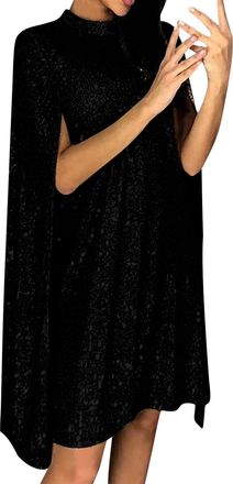 Generic Womens Cloak Sleeve Mini Sequin Dresses,Sexy Cocktail Shimmering Elegant Wedding Guest Party (Black,XXL)