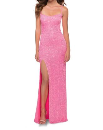 La Femme Long Sequin Gown In Neon Pink