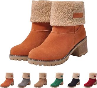 Generic Winter Boots for Women,Chunky Mid Heel Round Toe Fleece Lined Mid Calf Booties Comfortable Slip On,Chunky Heel Suede Warm Snow Ankle Boots (Orange,7.5