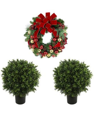 Creative Displays Inc. Modern Christmas Set With 26In Holiday Wreath & 2 Uv-Rated Boxwood Drop-Ins