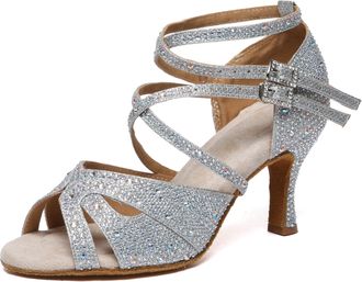 Minitoo Womens Latin Salsa Ballroom Dance Shoes with Rhinestones Wedding Evening Sandals L602 Silver 7.5cm Heel UK 7.5