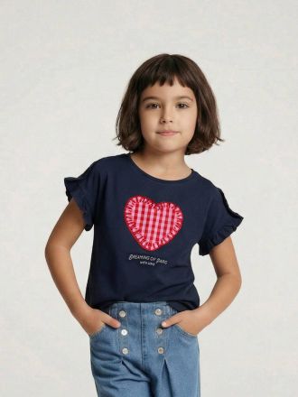 Vertbaudet T-Shirt mit kurzen Volant&auml;rmeln M&auml;dchen marine