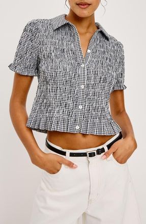 Rails Alton Shirred Button-Up Crop Peplum Top in Black Gingham at Nordstrom, Size Xx-Small