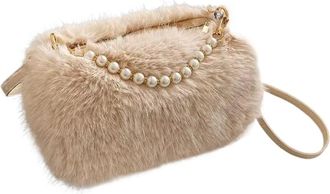 Generic Womens Plush Bags Fluffy Winter Crossbody Bags For Women Pearl Chain Decor Shoulder Bag Ladies Handbags And Purse(Khaki)