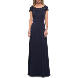 La Femme Jersey Gown with Full Skirt and Lace Detail Top in Navy at Nordstrom, Size 16