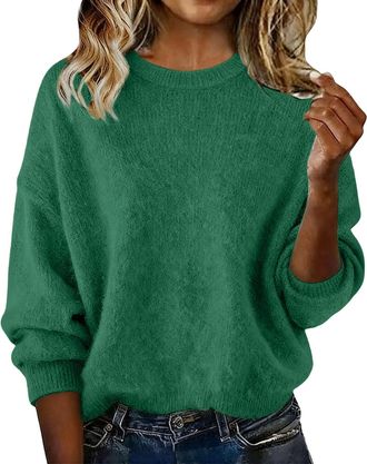 Generic Cashmere Jumpers Ladies,Oversized Crew Neck Womens Jumper,Lightweight Thermal Solid Color Loose Fit Casual Womens Sweaters,Autumn Winter Daily Work Tr