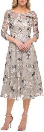 La Femme Embroidered Lace Fit & Flare Dress in Silver at Nordstrom, Size 12