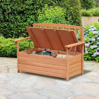 OUTSUNNY Garden Storage Bench, 2 Seater Fir Wood Outdoor Bench in Natural