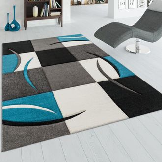 Paco Home Paco Home - Alfombra De Dise&ntilde;o Perfilado - A Cuadros En Turquesa Gris 120x170 Cm