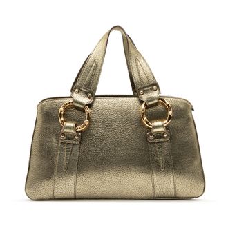 Gucci Tweed handtas van metaalachtig kalfsleer met bamboe metalen handvat