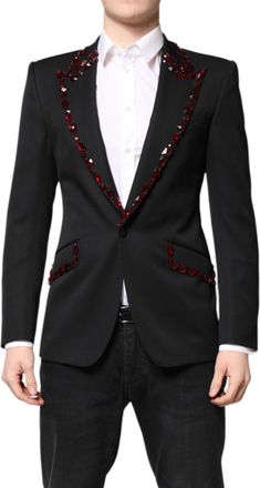 Dolce & Gabbana Mens Black Sicilia Crystalembellished Coat Blazer Virgin Wool Silk Polyester Clothing