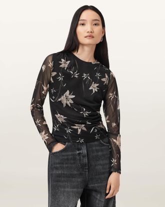 AllSaints Polyester Caia Floral Mesh Top, Size: UK 14/US 10