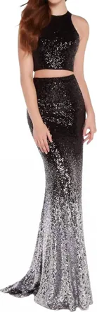 Alyce Paris Sleeveless Embellished Ombre Evening Dress In Black Silver