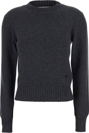 Ami Brown Crewneck Sweater With Adc Embroidery In Cashmere Woman