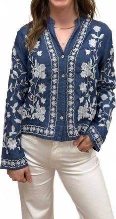 En Cr&egrave;me Long Sleeve Embroidered Button Down Top In Dark Denim