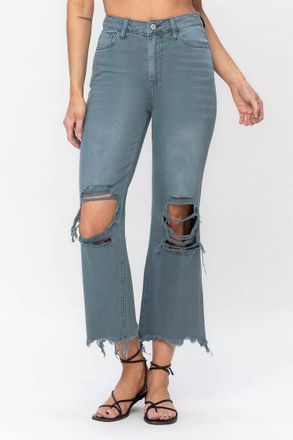 Flying Monkey High Rise Crop Deconstructed Flare Jeans In Blue/ Green