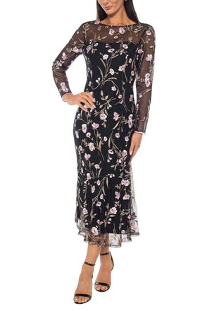 Marina Rossini Floral Embroidered Mesh Midi Dress In Black