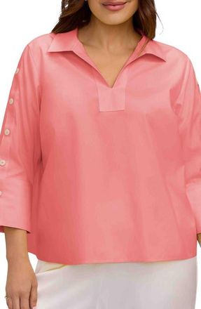 Foxcroft Lainey Button Accent Cotton Popover Top in Coral Reef Red at Nordstrom, Size 2 X
