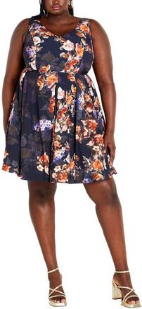 City Chic Ora Sleeveless Fit & Flare Minidress in Navy Print at Nordstrom, Size Xs