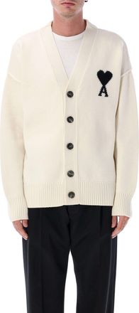 Ami V-Neck Wool Cardigan with Intarsia Heart Detail