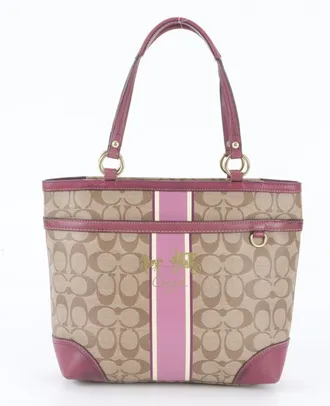 Coach Beige Purple Leather Coated Canvas Handbag Shoulder Bag Tote Bag (Pre-Owned)