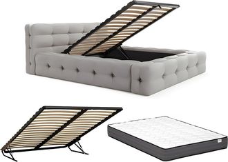 Vente-Unique Canap&eacute; abatible capiton&eacute; 140 x 190 cm - Tela jaspeada - Gris claro + Colch&oacute;n - LERUCO de Pascal Morabito