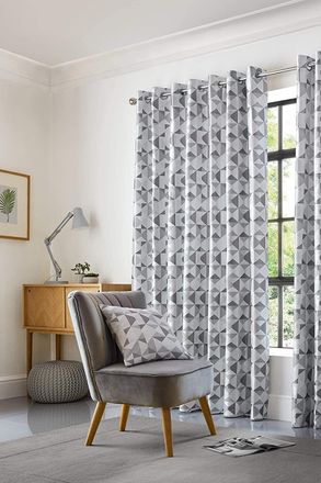 Alan Symonds Skandi Geometric Jacquard Fully Lined Eyelet Curtains in Silver | Size: 229 cm width x 274 cm drop