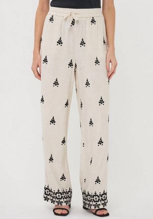 Esqualo Linen Blend Embroidered Trousers In Beige